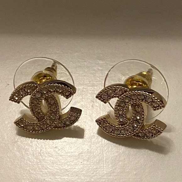 Chanel Gold Metal and Silver Crystal Mini Tiny Classic Stud Earrings - Picture 2 of 10